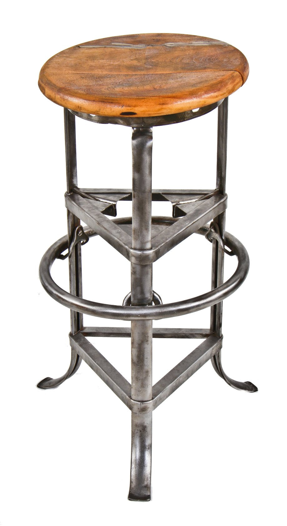 refinished c. 1930's original american antique industrial three-legged charles vitek-designed "rite-hite" adjustable stool with a tubular metal base and maple wood seat