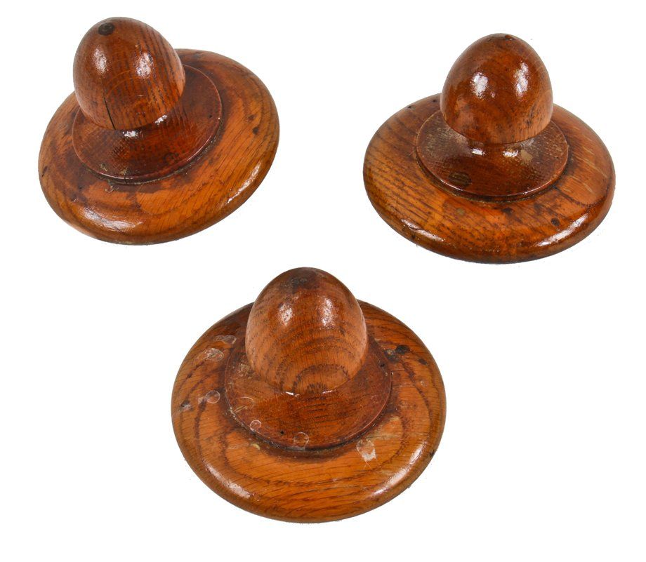 lot of three well-maintained all original solid oak wood interior residential american acorn-shaped staircase newel post finely turned bottom finials