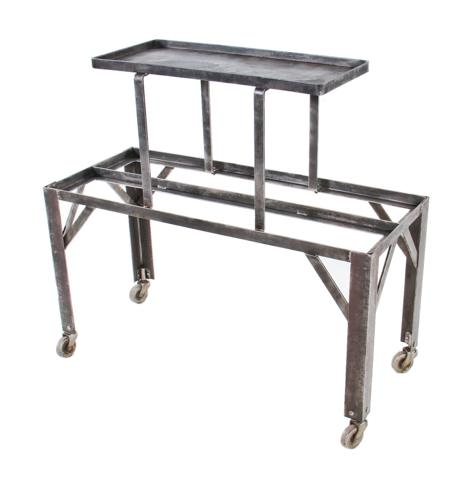 unique c. 1940's vintage american industrial refinished brushed and sanded cold-rolled steel "great northern" automobile battery charger station display rack with casters