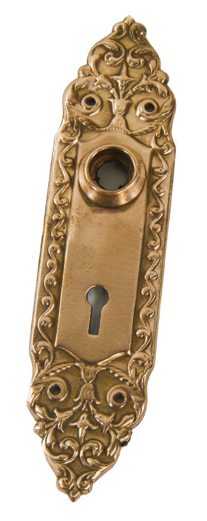 early 20th century original antique american ornamental wrought brass interior residential "mura" pattern single passage door backplate or escutcheon