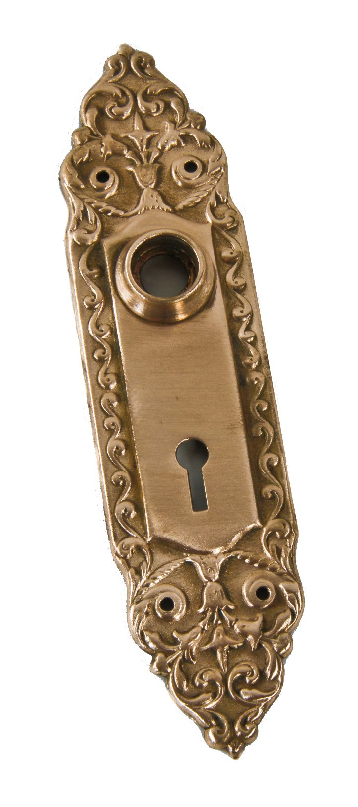 c. 1900's original antique american ornamental cast brass interior residential "mura" pattern surface mount passage door backplate with elegantly designed embossed leafage