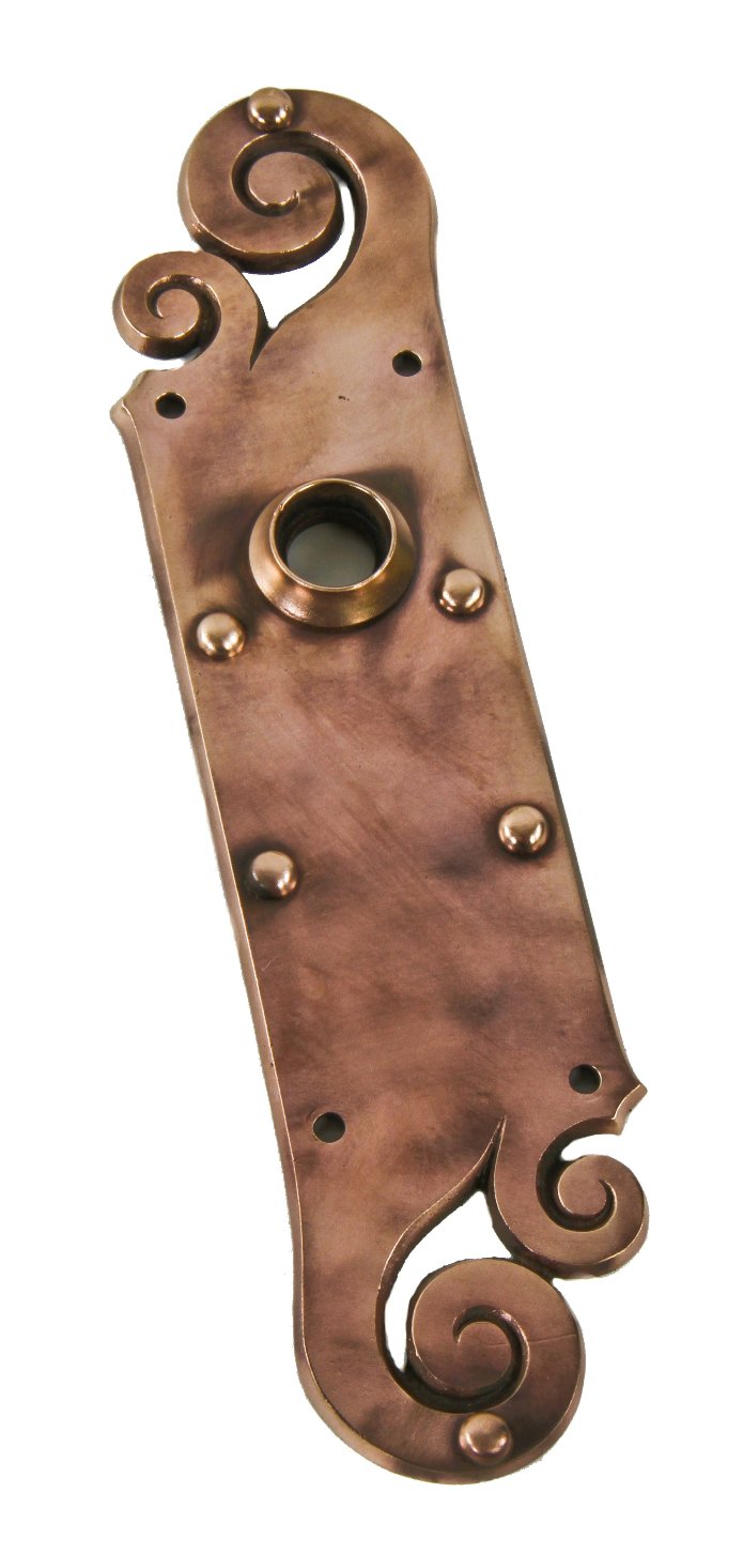 original late 19th or early 20th century ornamental cast bronze "arlington" pattern residential passage door backplate or escutcheon with faux rivets