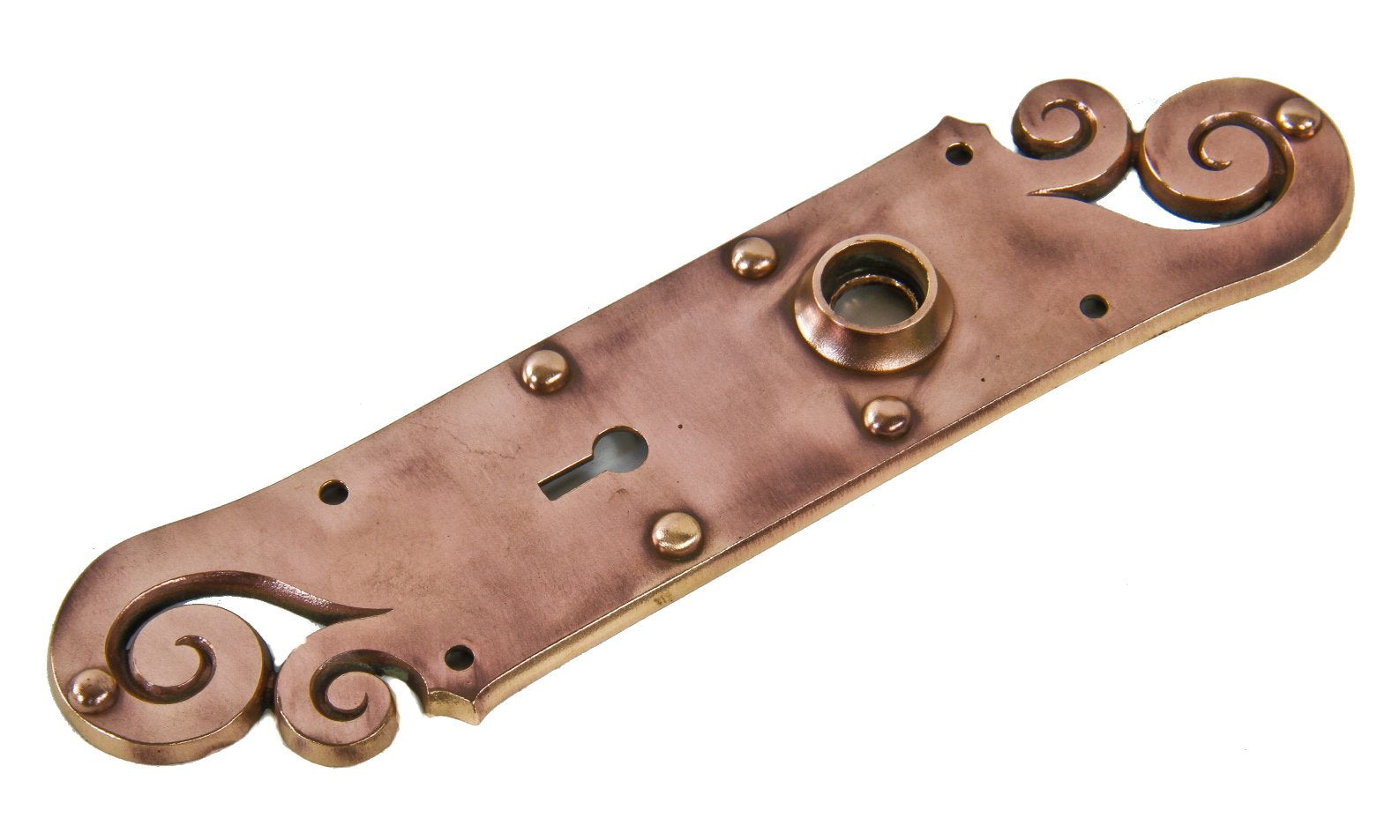 single late 19th century original "arlington" pattern ornamental cast bronze single interior residential doorknob backplate or escutcheon with distinctive faux rivet heads
