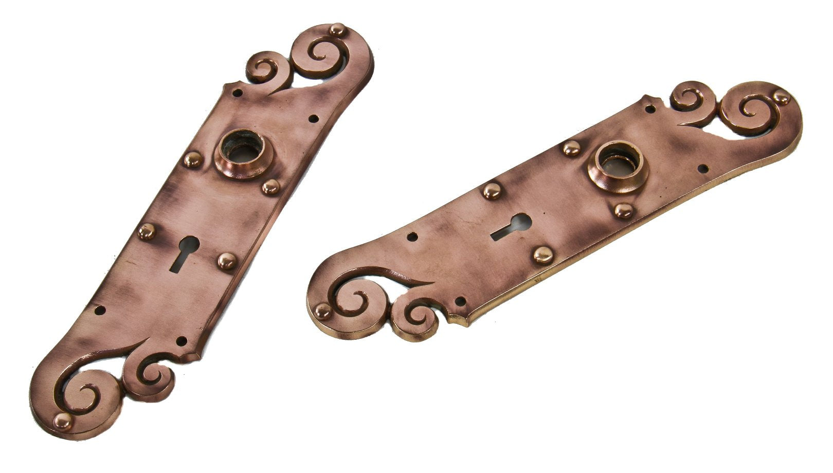 matching pair of original late 19th century antique american "arlington" pattern interior residential refinished passage door backplates with faux brass rivets