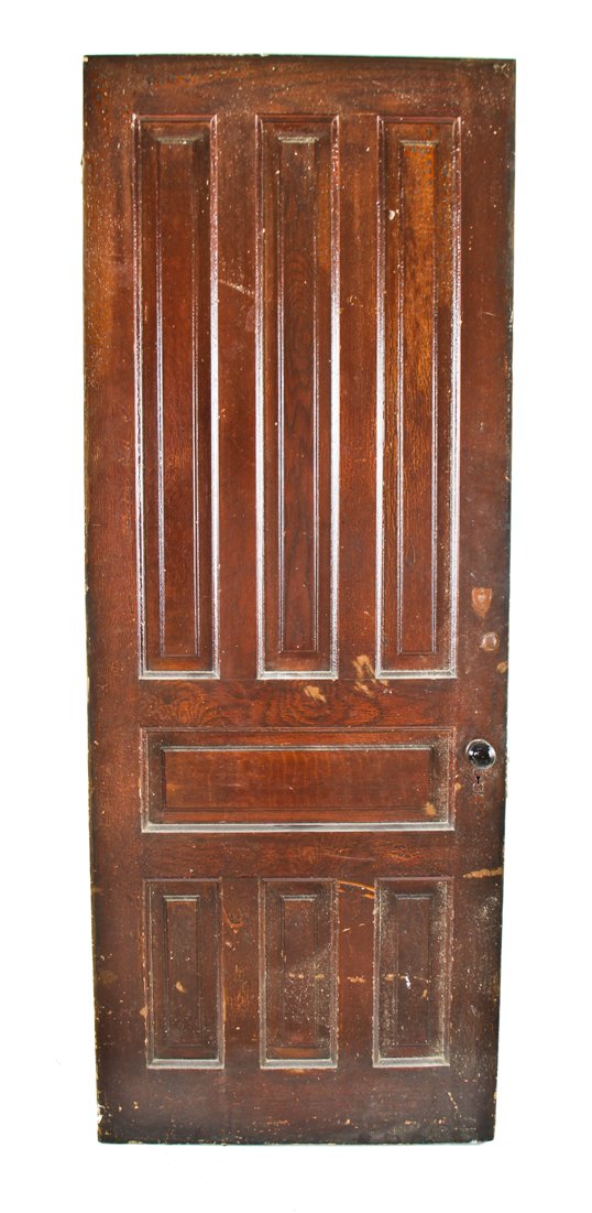 original and intact c. 1860's interior residential john kent russell raised panel pine wood passage door with distinctive faux wood grain finish and "jet black" porcelain doorknobs