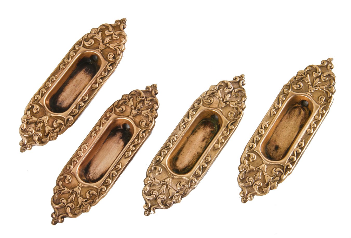 set of four turn of the century original wrought bronze antique american interior residential "mura" pattern recessed window sash pulls or handles with mostly uniform finish