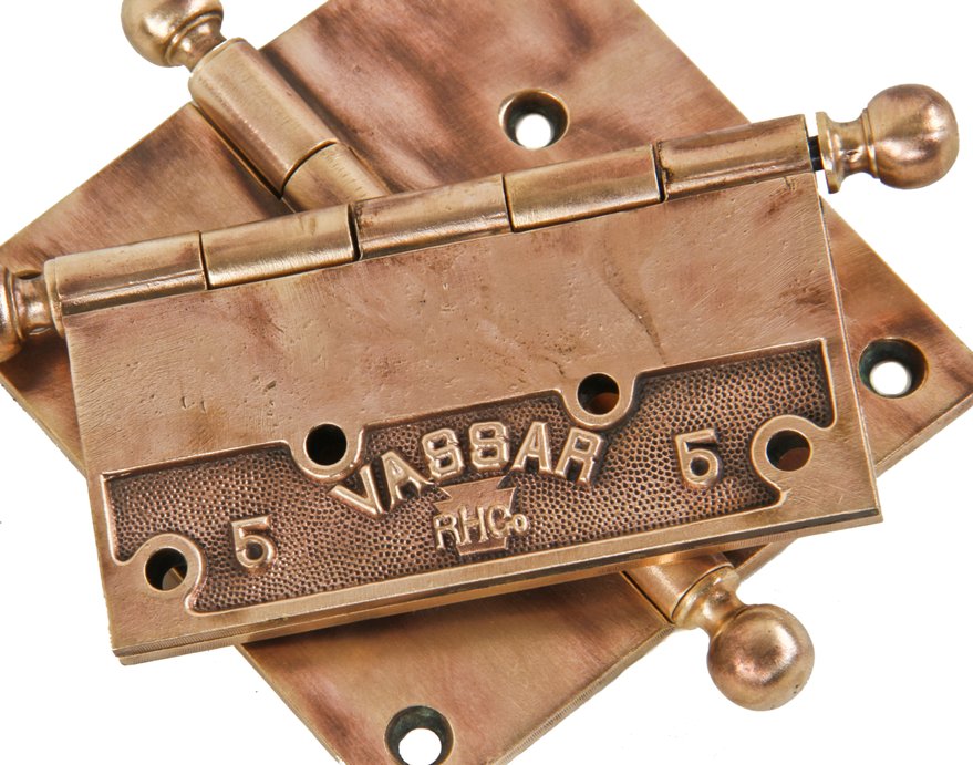 matching set of heavy duty antique american solid cast bronze "vassar" loose pine interior residential passage door hinges with ball-shaped finials