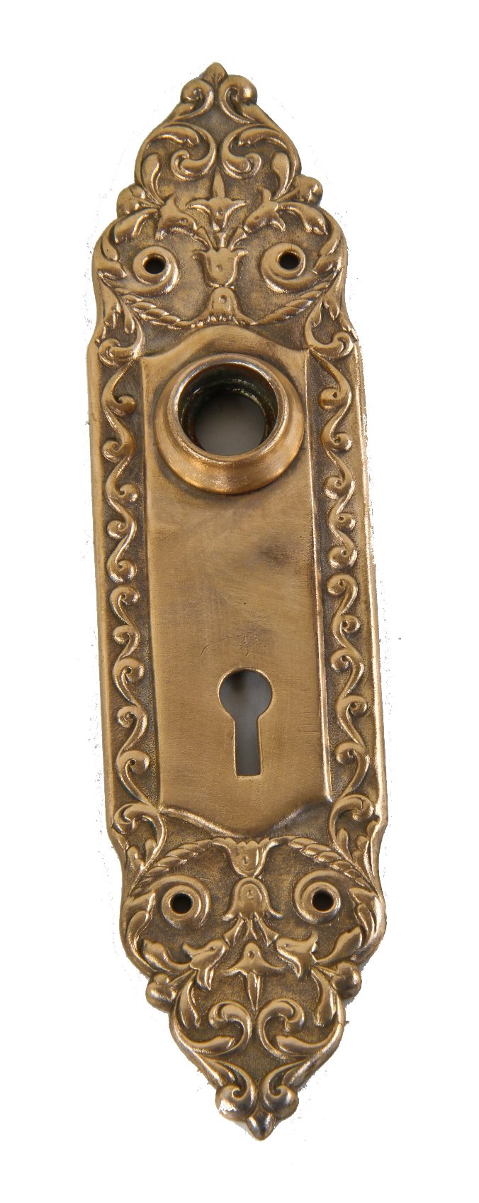 turn of the century "mura" pattern original wrought antique american brass metal interior residential doorknob backplate with intact pressed shank collar or thimble