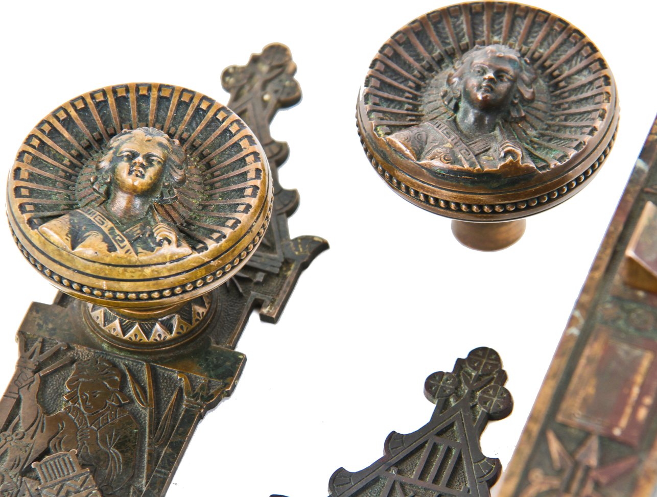 very rare and highly sought after all original 19th century american vestibule door complete lockset with "geisha girl" concave doorknob and matching backplates