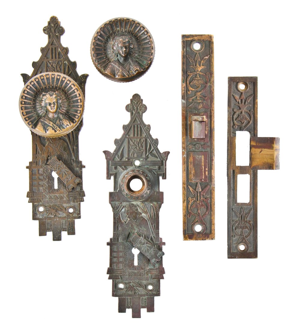 very rare and highly sought after all original 19th century american vestibule door complete lockset with "geisha girl" concave doorknob and matching backplates