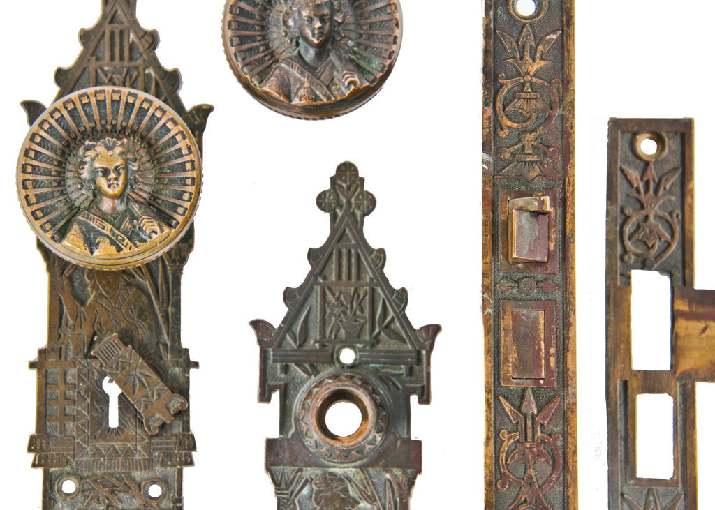 very rare and highly sought after all original 19th century american vestibule door complete lockset with "geisha girl" concave doorknob and matching backplates