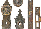 very rare and highly sought after all original 19th century american vestibule door complete lockset with "geisha girl" concave doorknob and matching backplates