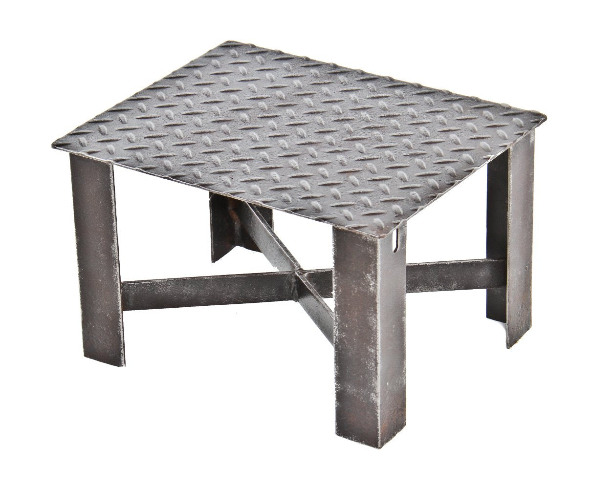 diminutive c. 1930's custom-built original american industrial four-legged stationary refinished angled steel stepping stool with "diamond tread" top platform