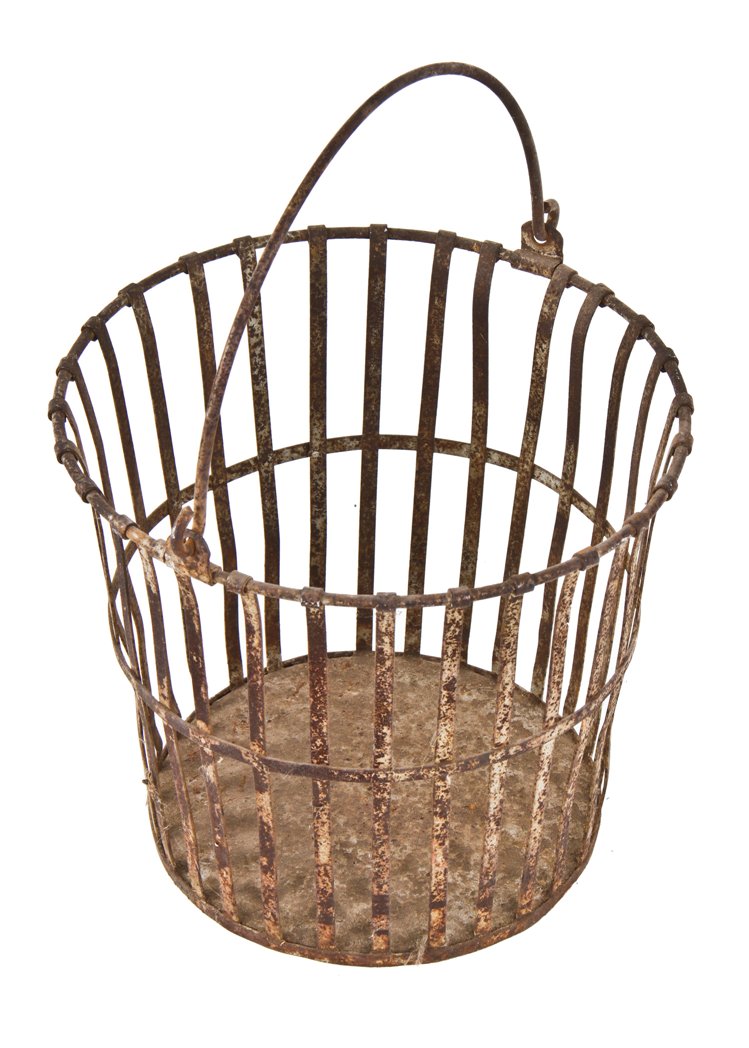 nicely worn and weathered lightweight american depression era reinforced slatted steel portable basket with oversized bent metal rod drop handle