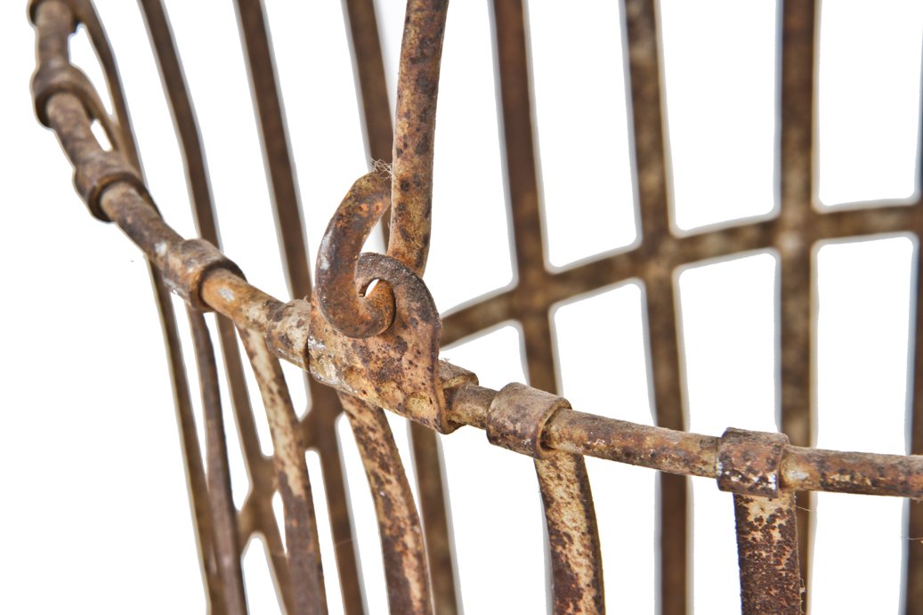 nicely worn and weathered lightweight american depression era reinforced slatted steel portable basket with oversized bent metal rod drop handle