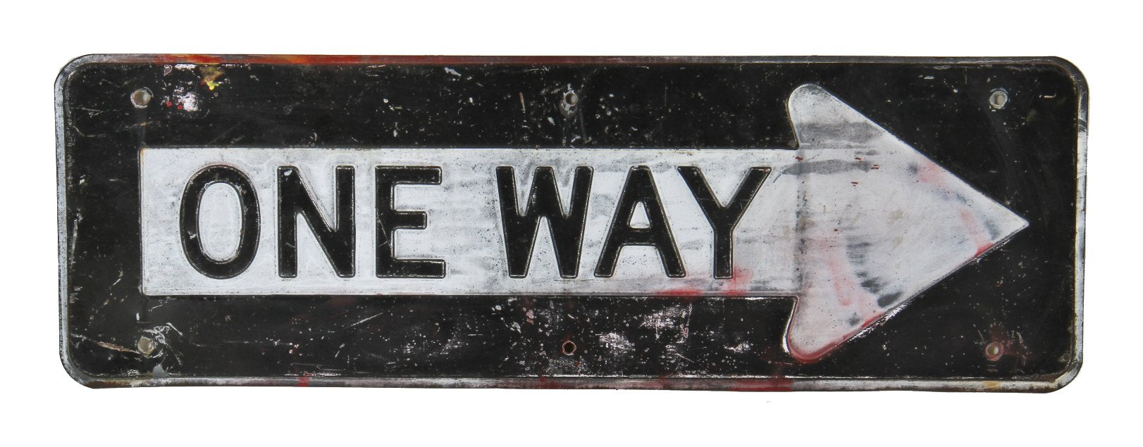 original c. 1940's american vintage industrial deeply embossed and or stamped heavy gauge steel single-sided "one way"  city of chicago street sign with directional arrow
