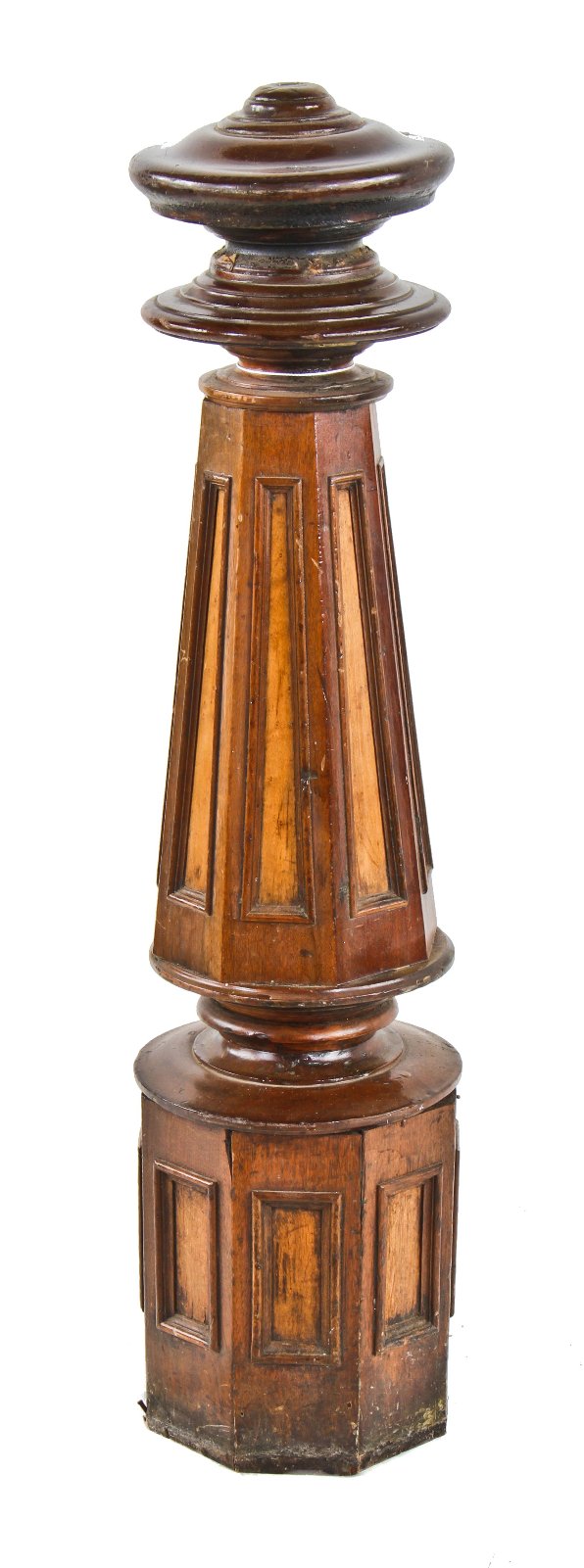 exceptionally well-maintained and intact c. 1870's american italianate  two-tone varnished walnut wood residential octagonal-shaped staircase newel post