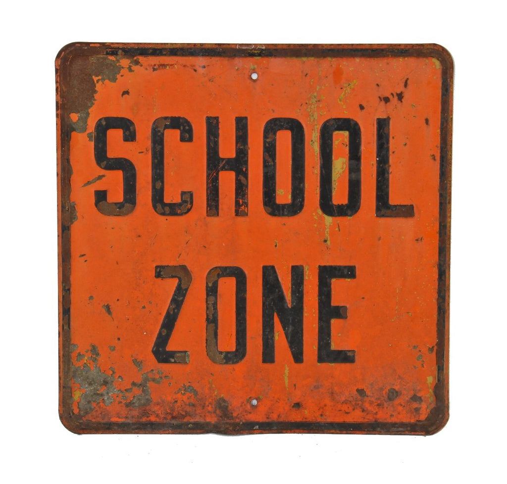 bright orange enameled single-sided c. 1930's american depression era city street signpost "school zone" embossed letter stamped steel sign with black lettering