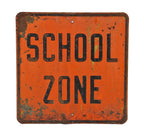 bright orange enameled single-sided c. 1930's american depression era city street signpost "school zone" embossed letter stamped steel sign with black lettering