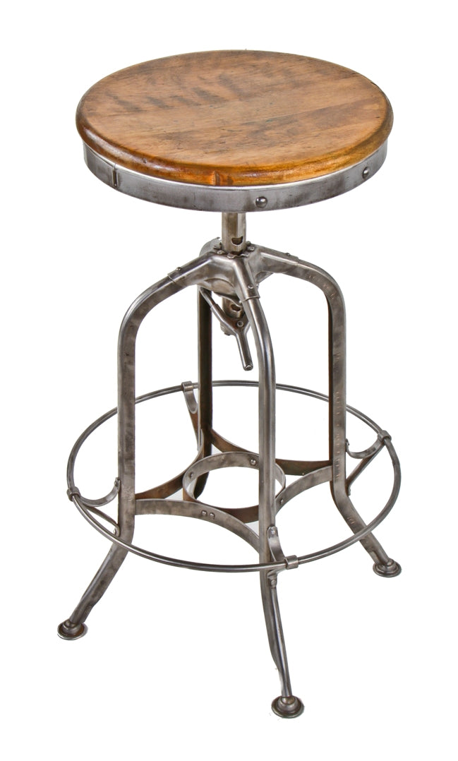 highly desirable all original and fully functional c. 1930's american industrial adjustable height factory machine shop "uhl art steel"  toledo stool with maple wood seat