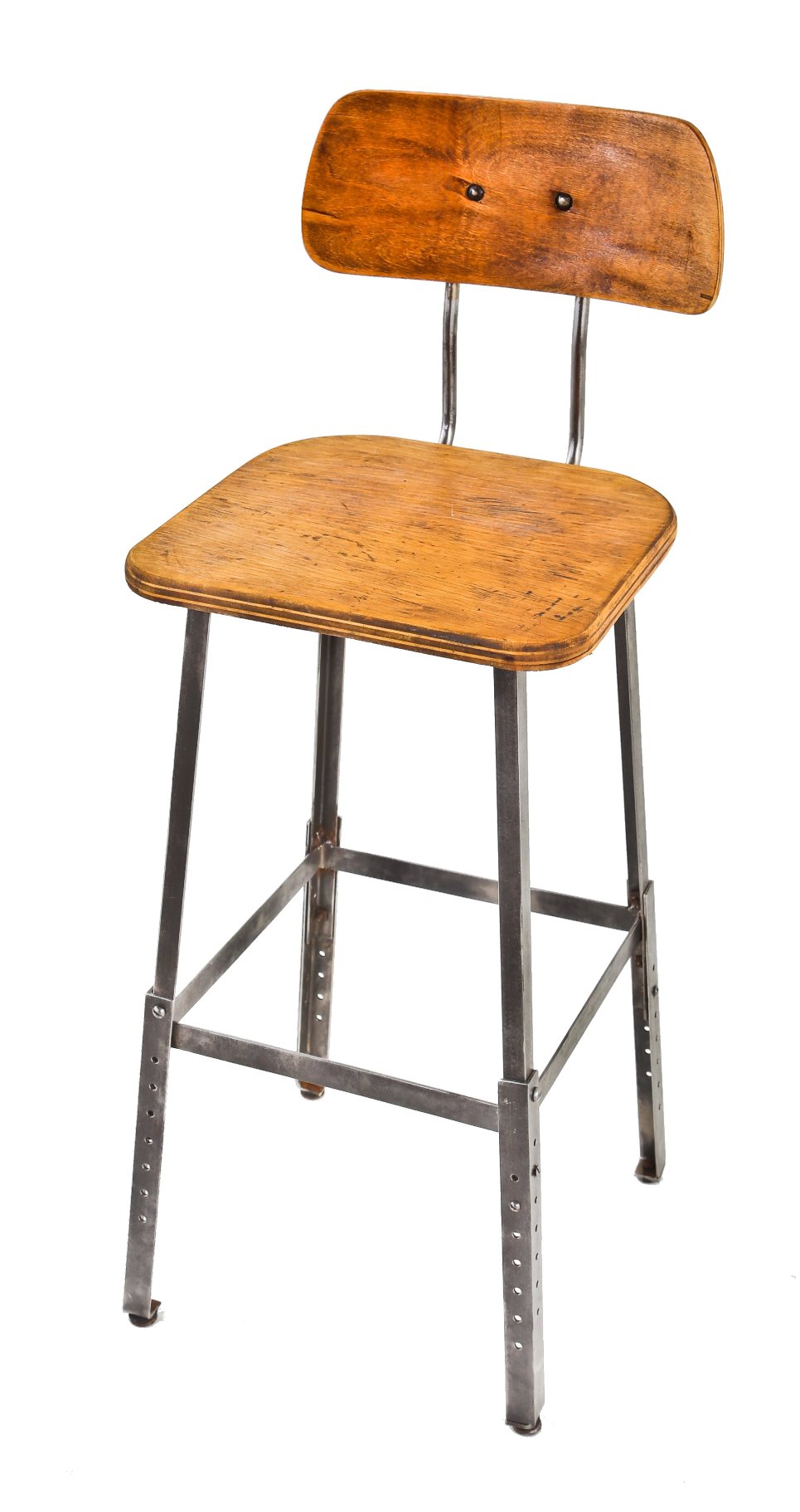 refinished c. 1950's american vintage industrial adjustable height pollard factory machine shop stool with intact contoured maple wood backseat