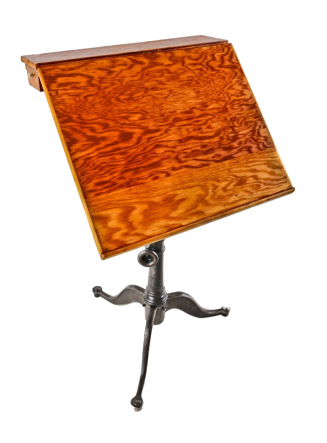 fully functional early 20th century "no. 2323" adjustable height stationary three-legged cast iron drafting table with desirable ledge or shelf or instruments