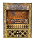 original late 19th or early 20th century antique american ornamental stamped or pressed steel interior residential fireplace gas grate with overlapping fluted torches