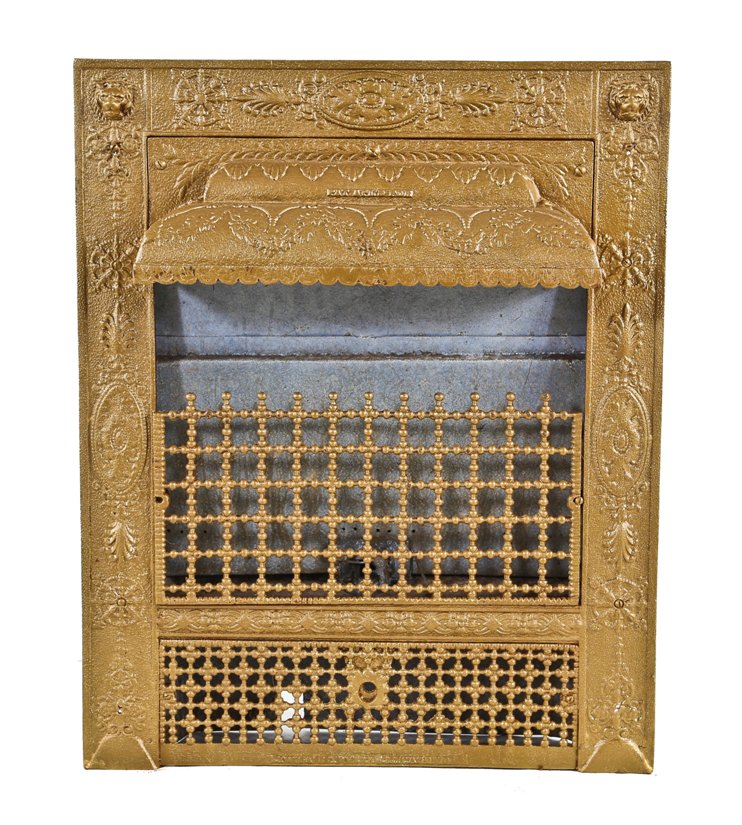 original and intact late 19th century antique american victorian era metallic gold enameled interior residential fireplace "lion" gas insert or grate with distinctive protruding hood