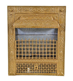 original and intact late 19th century antique american victorian era metallic gold enameled interior residential fireplace "lion" gas insert or grate with distinctive protruding hood