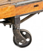 one of five matching refinished late 19th century antique american industrial burhop warehouse oak wood and cast iron mobile furniture carts