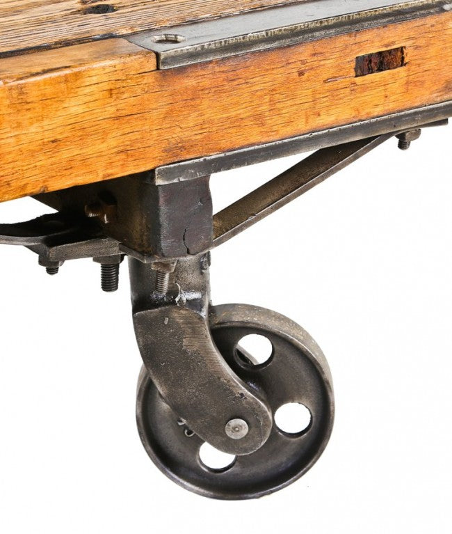 single refinished original late 19th century antique american industrial burhop warehouse oak wood and cast iron mobile furniture cart