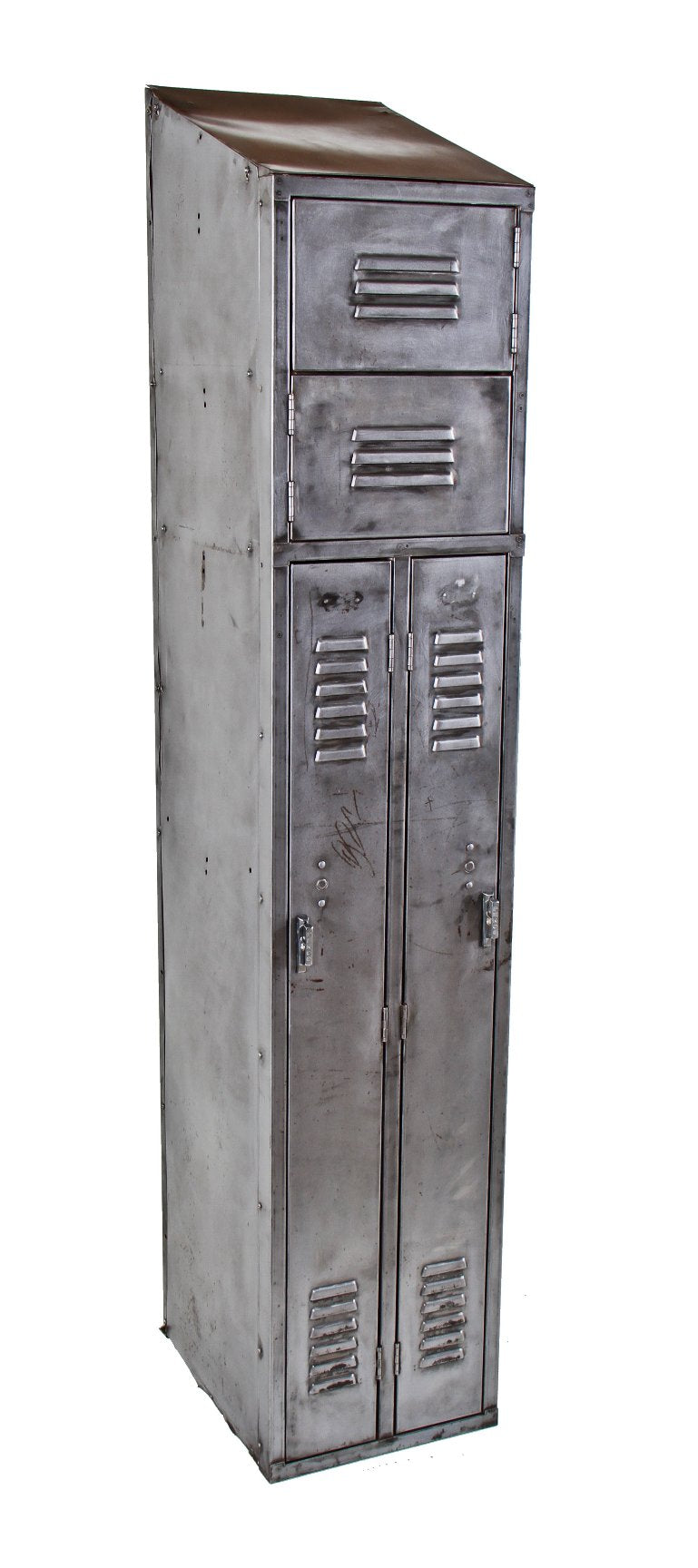 original c. 1940's american vintage industrial refinished brushed and sanded steel freestanding tall and narrow compartmentalized locker with angled top