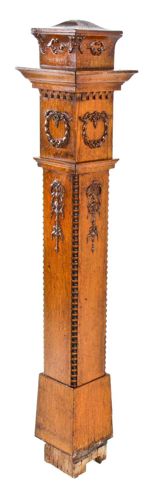 original early 20th century antique american late victorian era varnished oak wood interior residential staircase landing newel post with intricate gesso ornament