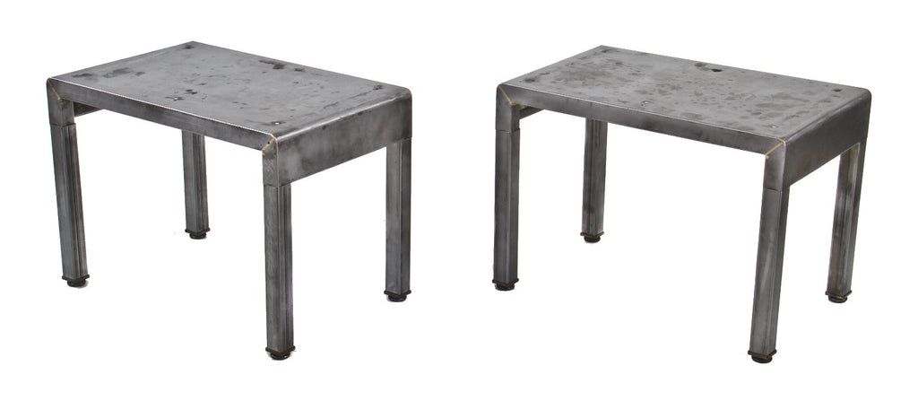 two matching late 1930's american industrial pressed and folded steel simmons furniture lightweight vanity benches with a mostly uniform brushed metal finish