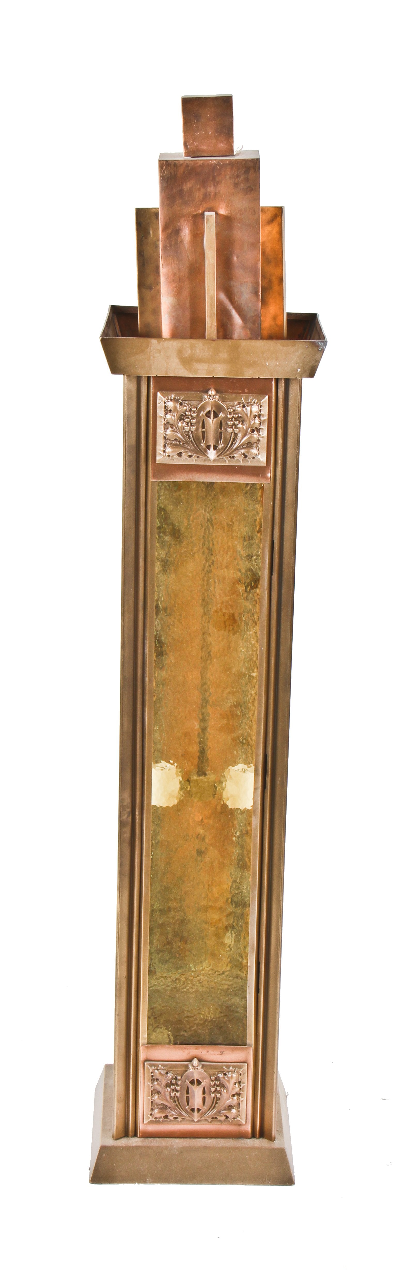 largely intact and thoroughly restored cast and wrought brass and bronze c. 1930's oliver p. morton elmslie-designed exterior wall sconce with original top finial