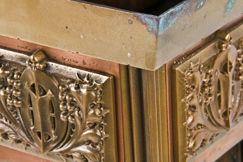 largely intact and thoroughly restored cast and wrought brass and bronze c. 1930's oliver p. morton elmslie-designed exterior wall sconce with original top finial