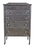 single intact c. 1930's american industrial hospital patient "private room" mobile pressed and folded refinished steel highboy dresser with integrated pull-out writing desk