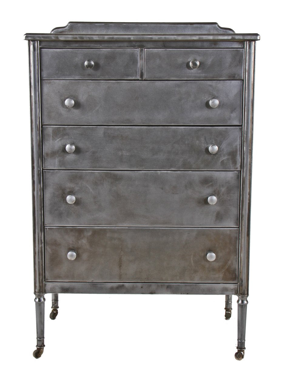 single intact c. 1930's american industrial hospital patient "private room" mobile pressed and folded refinished steel highboy dresser with integrated pull-out writing desk