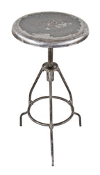 original early 20th century brushed and sanded bare metal antique american medical all welded-joint three-legged stationary operating room stool with original pressed and form seat
