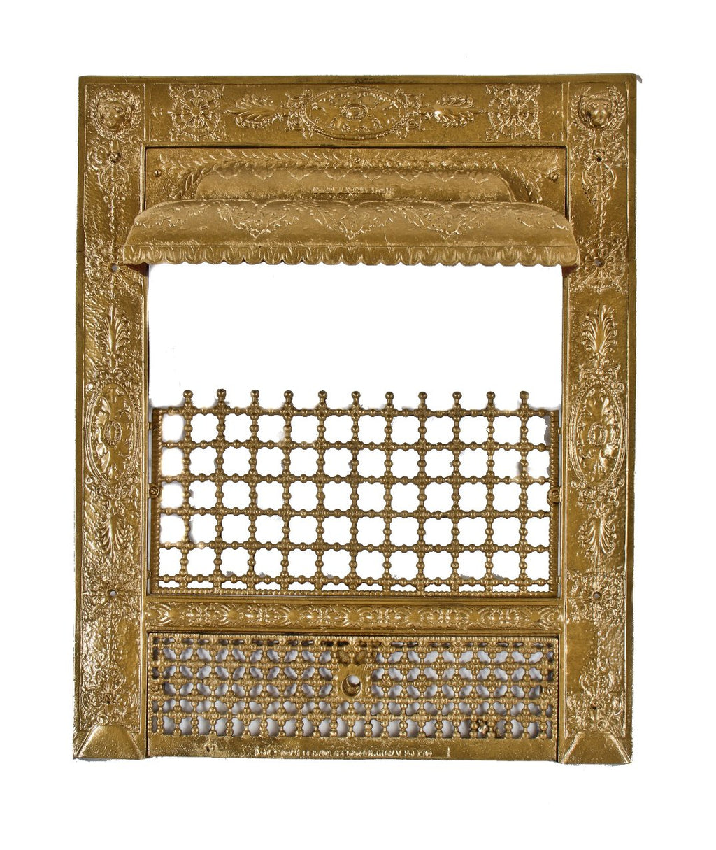 largely intact late 19th or early 20th century ornamental cast iron metallic gold enameled interior residential "lion" fireplace gas grate front with figural lion heads