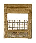 largely intact late 19th or early 20th century ornamental cast iron metallic gold enameled interior residential "lion" fireplace gas grate front with figural lion heads