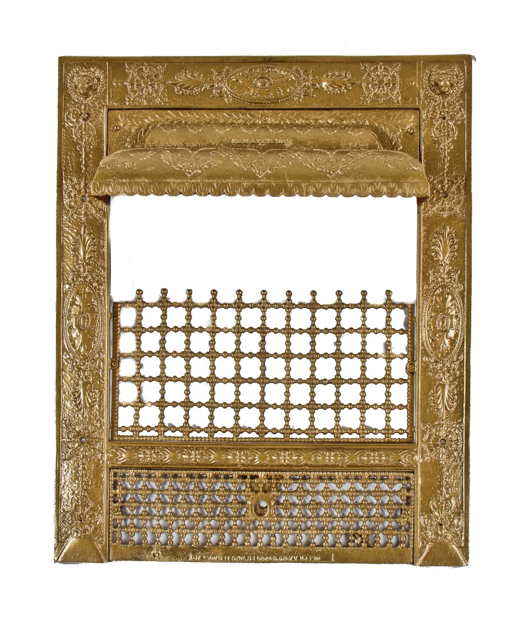 largely intact late 19th or early 20th century ornamental cast iron metallic gold enameled interior residential "lion" fireplace gas grate front with figural lion heads