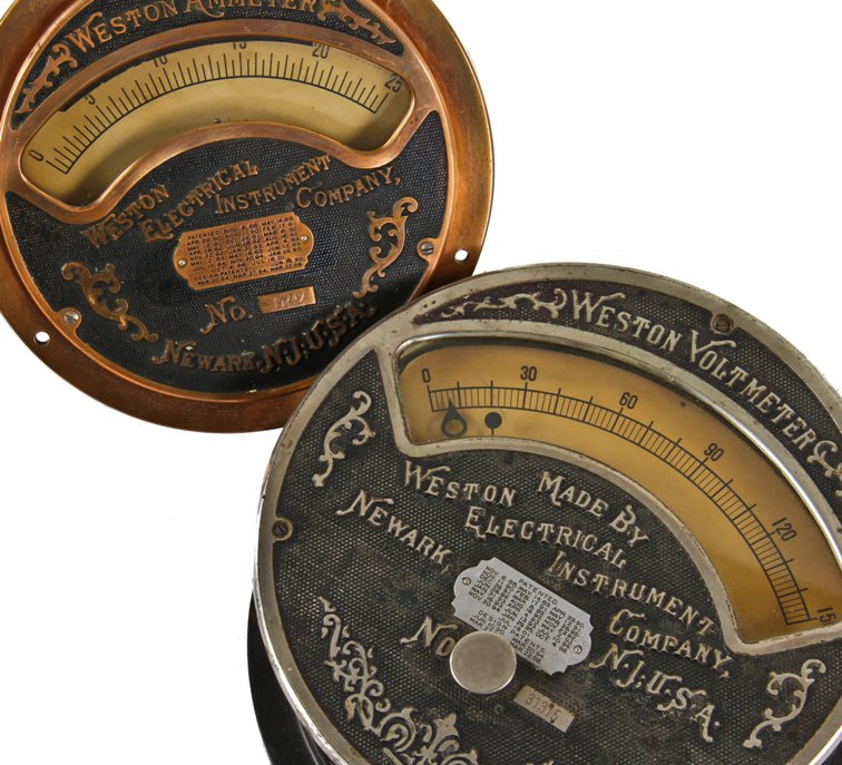 original turn of the century antique american industrial ornamental nickel-plated cast iron surface mount weston voltmeter with intact indicator arrow