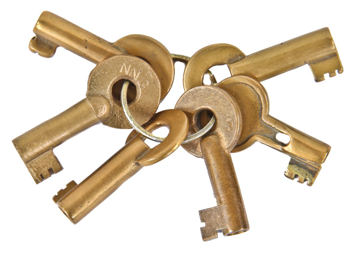 group of early 20th century nicely aged hollow barrel american industrial diminutive keys for railroad padlocks and utility companies