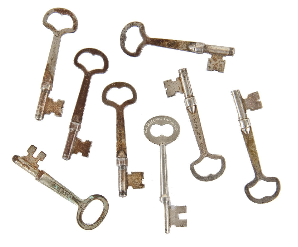 group of five original late 19th or early 20th century antique american nickel and chrome-plated solid steel skeleton door residential passage door keys