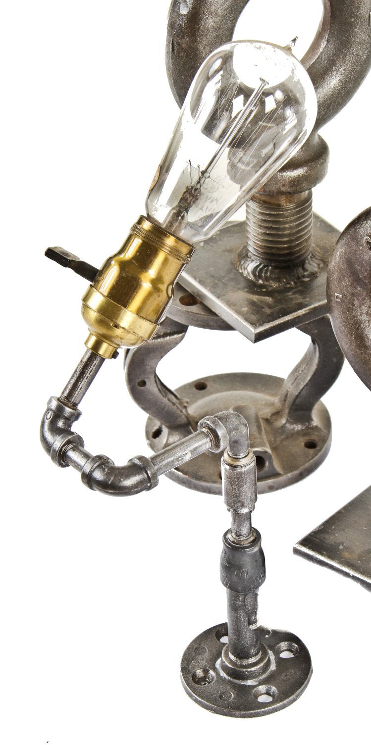 unusual refinished custom-built c. 1930's american depression era pipe fitter workbench or table lamp with newly added lamp cord and refurbished paddle socket