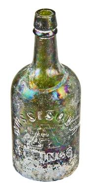 all original and uncleaned (i.e., tumbled) 1860's-1880's antique american dark olive green glass deeply embossed "missisquoi / springs" bottle
