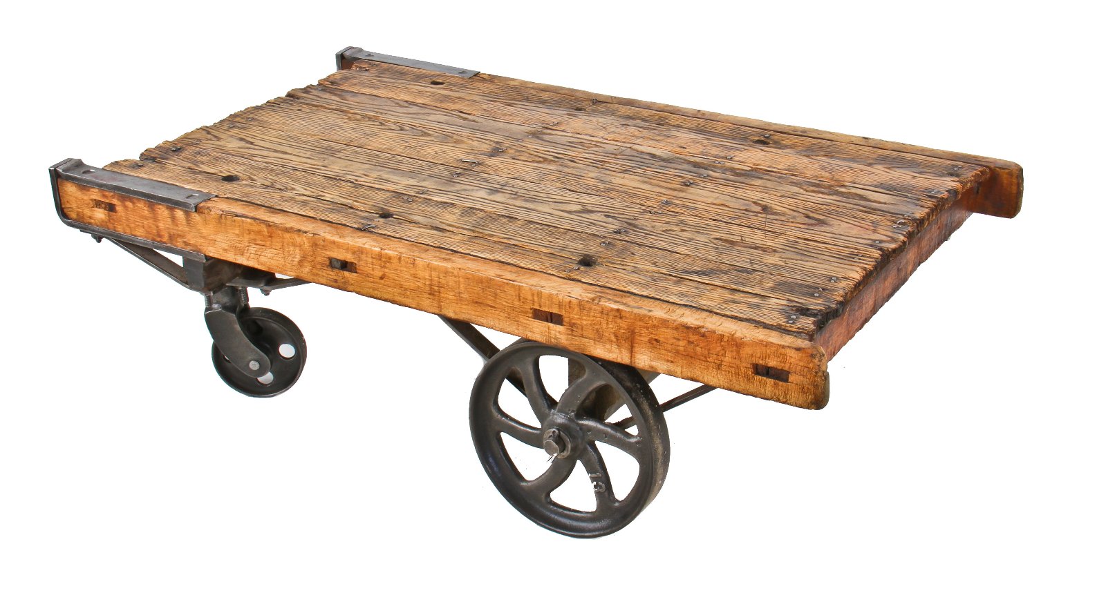 late 1890's refinished antique american industrial white oak wood and cast iron well-built factory furniture truck or cart with fully functional swivel and fixed spoked casters