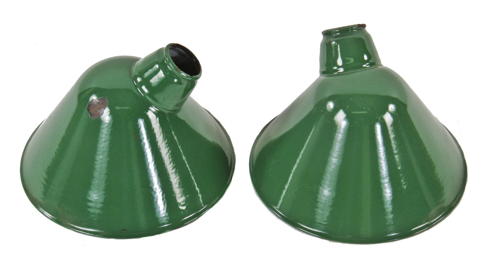 two matching original c. 1930's american industrial "angled type" green porcelain enameled cold-rolled steel hubbell replacement service station reflectors or shades