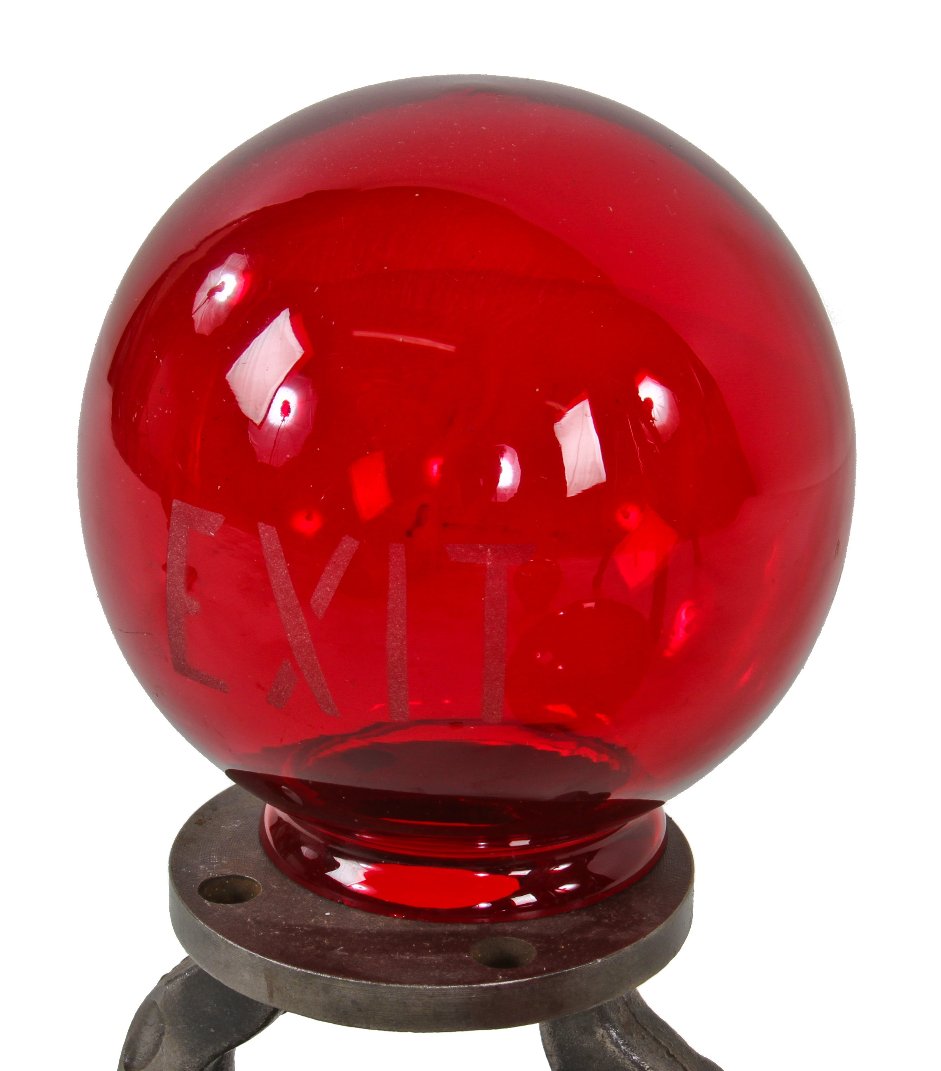 antique american early 20th century brilliantly colored ruby red glass exit light theater lobby fixture with single-sided lightly etched lettering